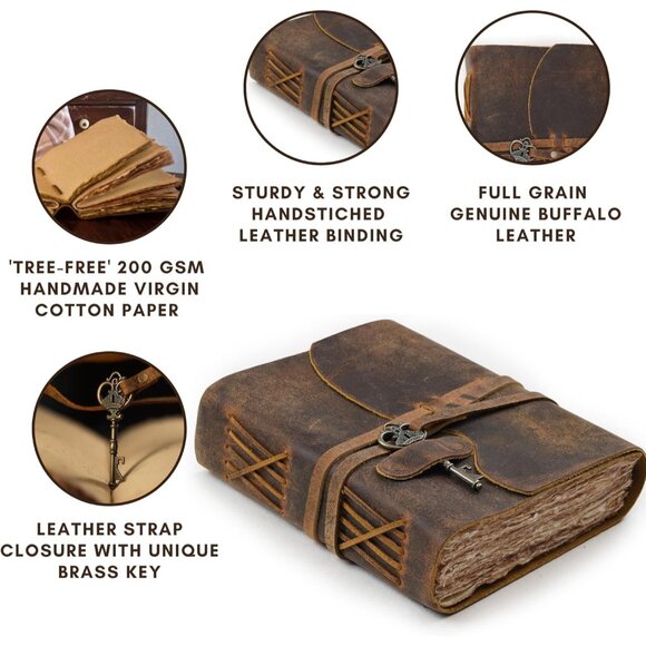 Vintage Leather Journal – 200 Handmade Vintage Deckle Edge Paper – Leather bound - Picture 4 of 8